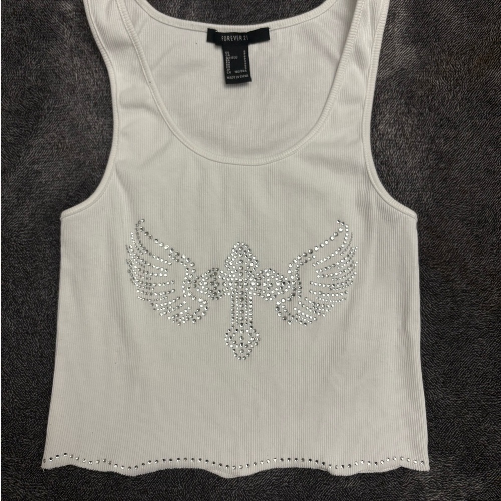 Forever 21 White Rhinestone Winged Tank Top